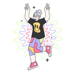 Mature character riding a bicycle. Campsite festival leisure. Old