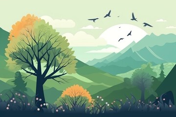 Illustration of trees, flowers, mountains, background with birds and clouds. Generative AI