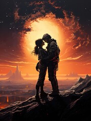 A romantic couple in cosmonaut costumes on an alien background. Created by AI.