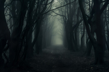 Fototapeta premium Misty forest in the evening. Spooky, Halloween concept.