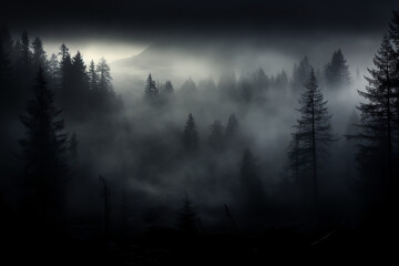 Misty forest in the evening. Spooky, Halloween concept.