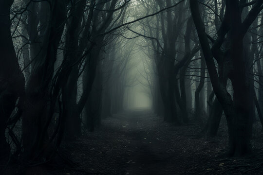 Misty forest in the evening. Spooky, Halloween concept.