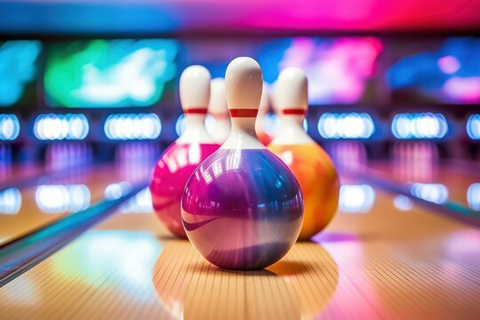 A picture of a bowling alley with bowling pins and bowling balls. Perfect for sports enthusiasts and bowling enthusiasts. Can be used in sports-related articles, blogs, or promotional materials for bo