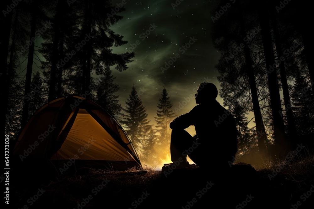 Poster a person sitting in front of a tent in the woods. perfect for showcasing the tranquility of nature a
