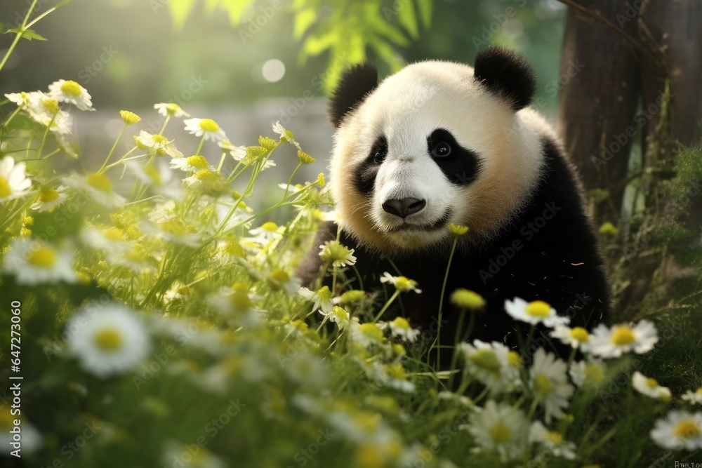 Poster a panda bear sits peacefully in a field of colorful flowers. this image captures the beauty and sere