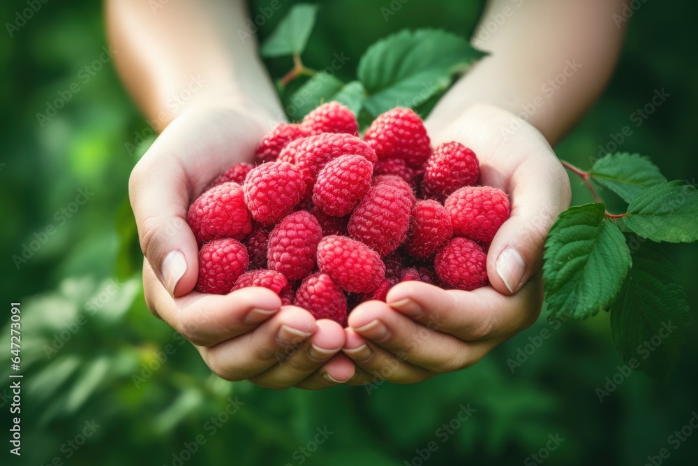Poster a person holding a bunch of raspberries in their hands. this image can be used to showcase fresh fru