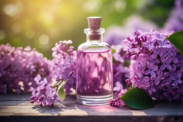 Obraz na płótnie Canvas A bottle of perfume is elegantly displayed next to a beautiful bunch of purple flowers. This image can be used to represent luxury, beauty, and the power of scent in various creative projects.