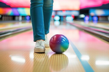 A person standing on a bowling ball in a bowling alley. This image can be used to represent balance, skill, or a unique perspective in the sport of bowling. - obrazy, fototapety, plakaty