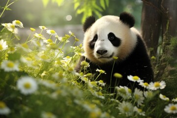 Obraz premium A panda bear sits peacefully in a field of colorful flowers. This image captures the beauty and serenity of nature. Perfect for nature enthusiasts or anyone looking for a calming and peaceful image.