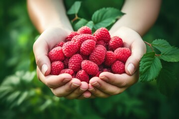 A person holding a bunch of raspberries in their hands. This image can be used to showcase fresh fruit, healthy eating, or cooking with raspberries.