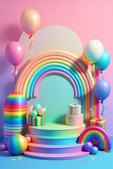 Colorful Rainbow and ballonwith circle podium made with Generative AI