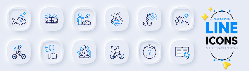 Fishing lure, Mountain bike and Cardio training line icons for web app. Pack of Yoga, Delivery bike, Arena stadium pictogram icons. Leadership, Fish, Diploma signs. Quiz. Fish bait. Vector