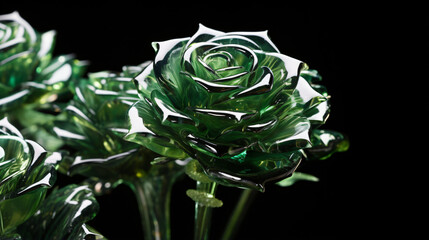 Close up of a green crystal roses on a black background