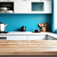 Fototapeta premium Empty kitchen table and blurred kitchen background