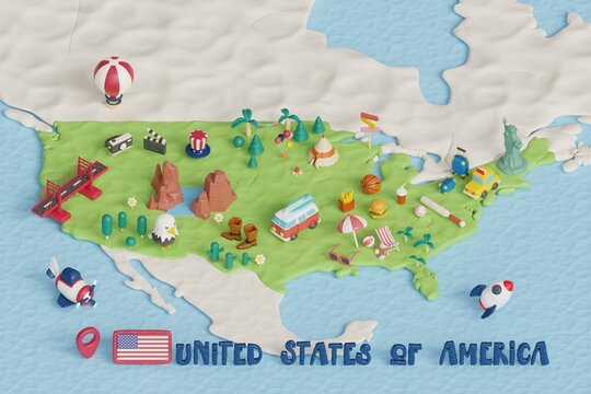 travel and culture of USA map white clay sculpture style background.3d render illustration