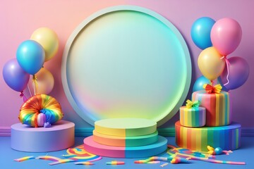 Colorful Rainbow and ballonwith circle podium made with Generative AI