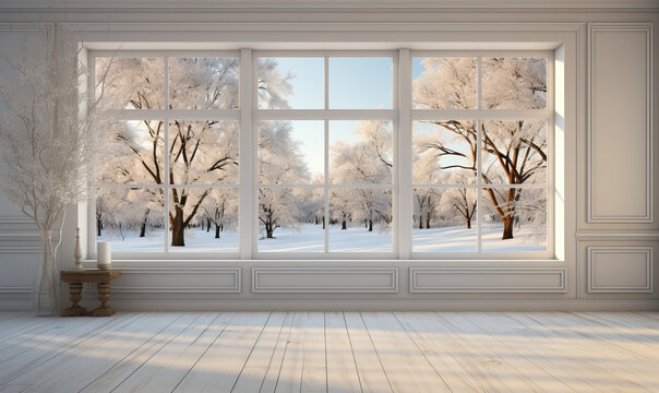 View from the window of an empty white room.