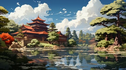 Obraz premium Enchanting Kyoto's Japanese Garden in a Charming Cartoon Style