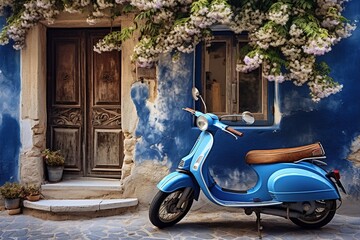 old scooter parked on the street, in front of the house