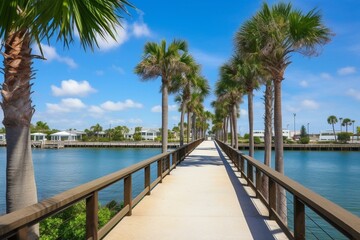 Waterfront walkway with palm trees, sunny day, bridge in background near downtown Fort Pierce, FL. Generative AI