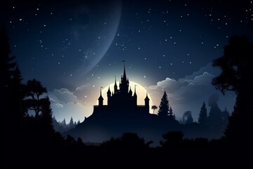 A beautiful castle silhouette with a crescent moon behind it, set in a deep forest under a starry night sky. Generative AI