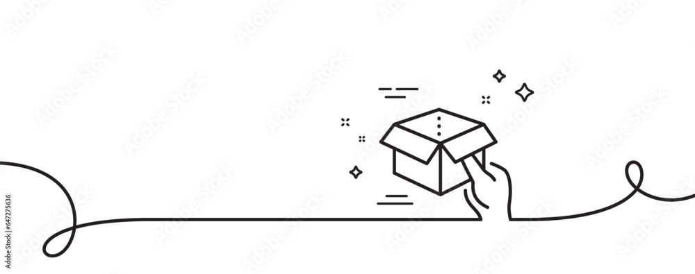 Poster hold open box line icon. continuous one line with curl. delivery parcel sign. cargo package symbol. 
