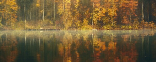 Autumnal textural  forest scenic abstract background with motion blur, toned in vintage style, reflection in water. Abstract autumn background with reflection, Generative AI