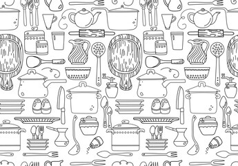 Fototapeta premium Seamless pattern with kitchen utensils on white background. Vector illustration