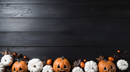 Halloween pumpkins and autumn leaves on dark wooden background with copy space