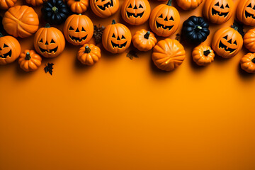Halloween pumpkins on orange background with place for your text.