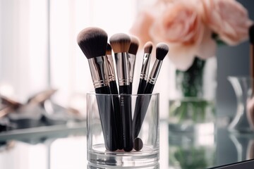 Makeup brushes in a glass. Clean professional makeup brushes set for make-up artist, cosmetics, make up theme. Generative AI