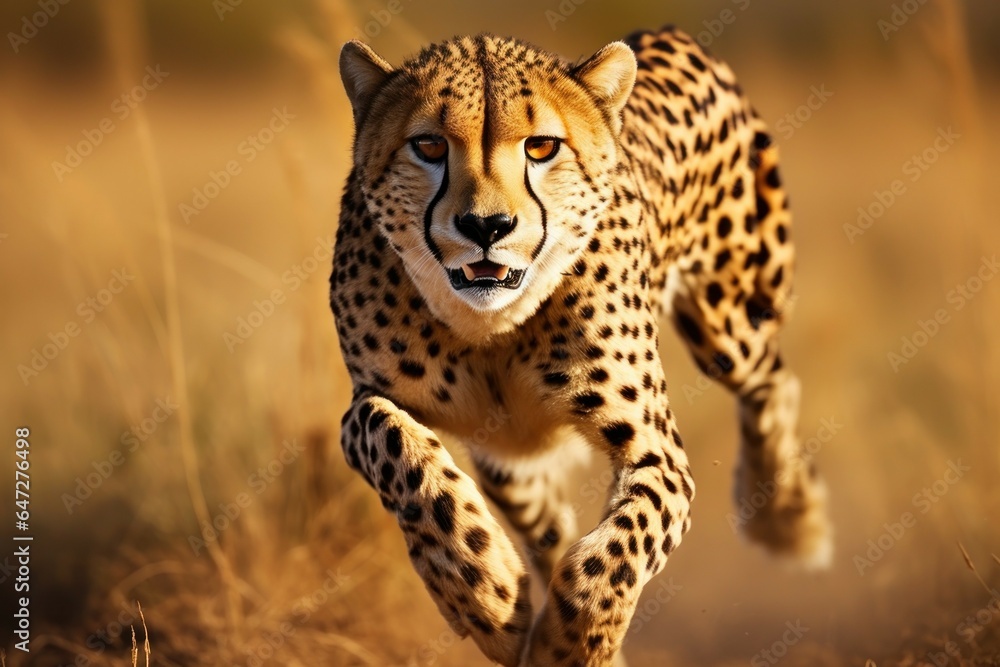 Canvas Prints A cheetah running at high speed across a dry grass field. Perfect for nature and wildlife themes.