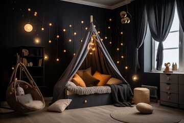 Kids bedroom in dark colors. Cozy kids room interior, scandinavian nordic design with light garlands and soft pillows, tent canopy bed. Children room in evening with lights on. Generative AI