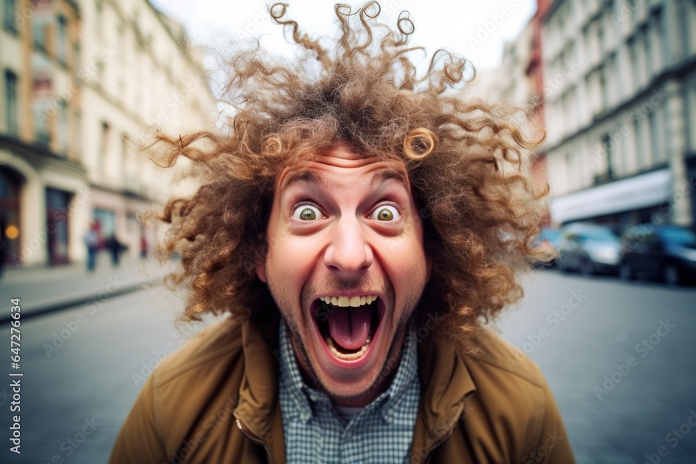 Poster a man with curly hair making a funny face. this image can be used to add a touch of humor and playfu