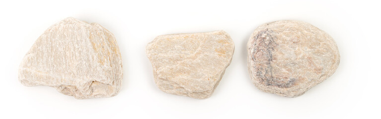 Set of sauna stones isolated on white background. Natural mineral rock quartz, quartzite.