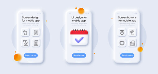 Puzzle, Charging station and Honor line icons pack. 3d phone mockups with calendar. Glass smartphone screen. Interview, Creative painting, Legal documents web icon. Vector