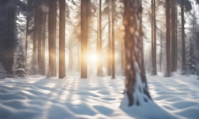 Winter fir tree forest with snow and sunlight bokeh