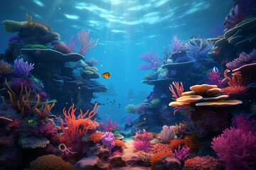 Fototapeta na wymiar Vibrant coral reef in the ocean depths, with a mesmerizing 3D rendering of the underwater world. Generative AI