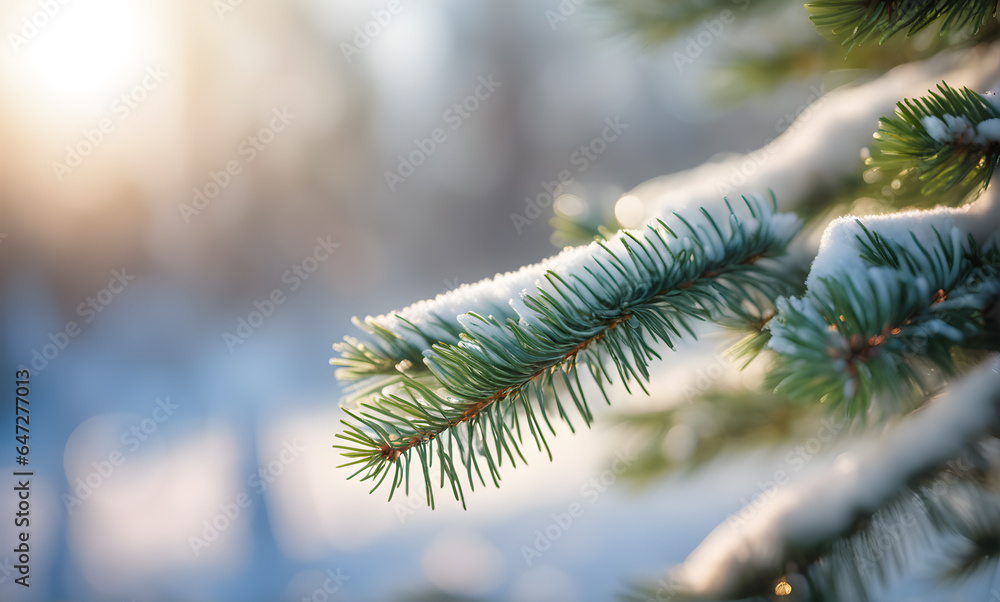 Aufkleber winter fir tree branch with snow and sunlight bokeh