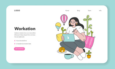 Workcation web banner or landing page. Chatacter working away from the office.