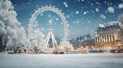 Abstract background London eye in Christmas theme on winter in paper art and craft design concept. Created using generative AI. - obrazy, fototapety, plakaty