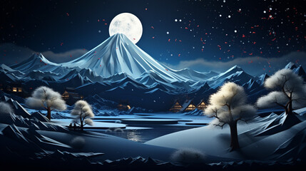 Fototapeta na wymiar Christmas time in Mt. Fuji wallpaper in paper art and craft design concept and animation with snow. Created using generative AI.