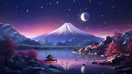 Fototapeta premium Paper art and craft design with Christmas festival with snow in Mt. Fuji. Created using generative AI.