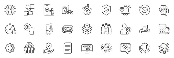 Fototapeta na wymiar Icons pack as Insurance hand, Security shield and Document line icons for app include Refrigerator, Like, Find user outline thin icon web set. Cardio training, Freezing click. Vector