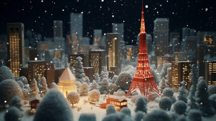 Christmas with Tokyo tower background with the snow and blue sky in paper art and craft design concept. Created using generative AI.