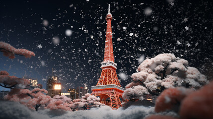 Tokyo tower in Christmas theme background with snow falling in paper art and craft design concept. Created using generative AI.