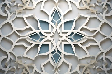 Beautiful design of Arabic white geometric pattern adorned with Muslim holiday Eid al Adha ornament background and Ramadan arabesque. Generative AI