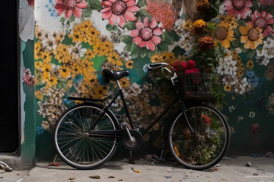 A bike next to a painted wall with flowers on the back. Generative AI