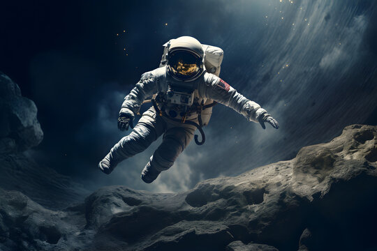 Spaceman or astronaut floating on the moon