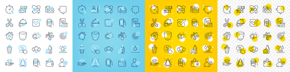 Vector icons set of Leaf, Restaurant food and Accounting report line icons pack for web with Christmas tree, Ice creams, Waterproof outline icon. Auction, Identity confirmed, Wallet pictogram. Vector